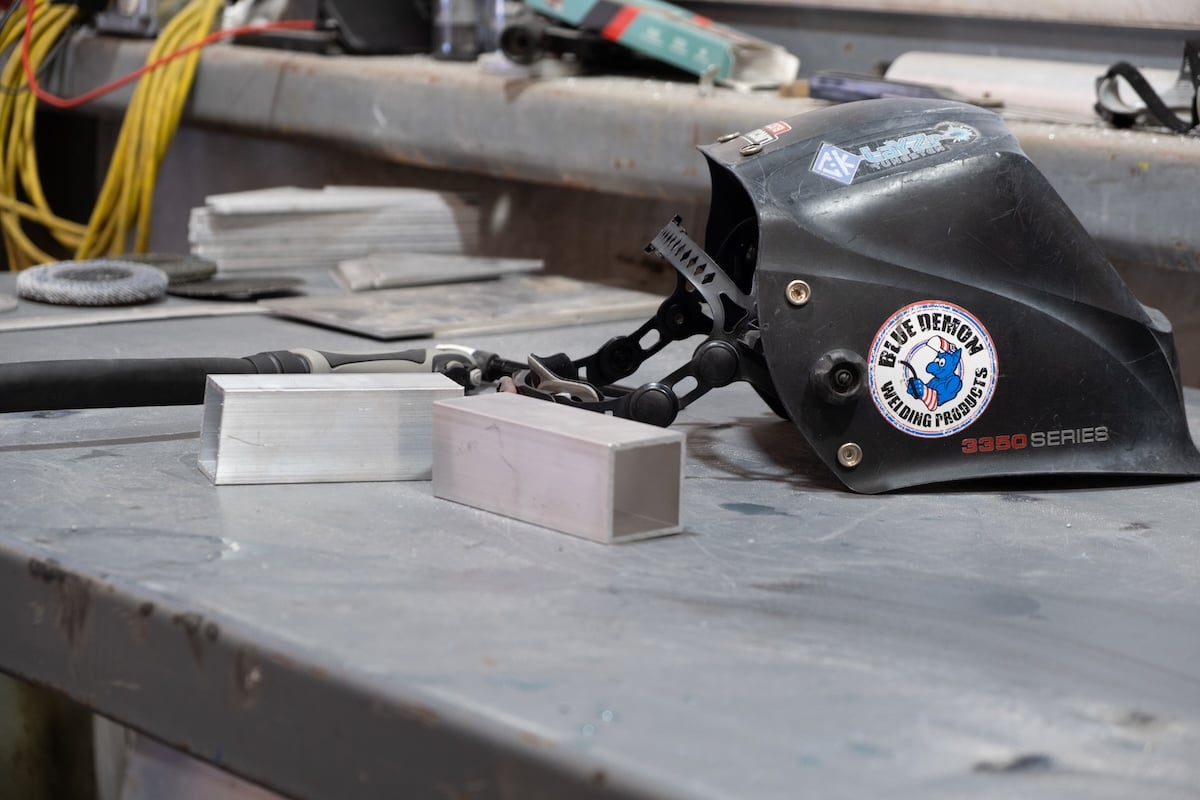 welding mask on shop table